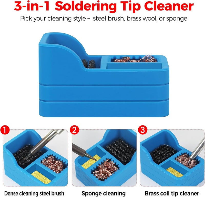 EOOKU Soldering Iron Tip Cleaner Kit with Brass Wool, Sponge,Steel Brush in Blue Silicone Holder – Heat and Scratch Resistant Cleaning Tool for Soldering, Electronics Repair,DIY Projectst - Image 5